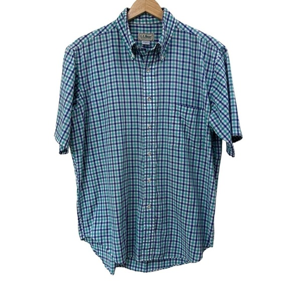 Men’s L.L. Bean Green, Purple, White Check Short-Sleeve Shirt, L - Picture 5 of 5